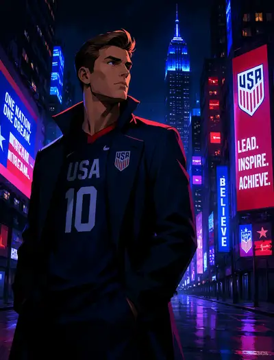 Cartoon American football captain amid neon skyscrapers