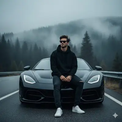 Retrato cinematográfico ultrarrealista de homem com carro esportivo de luxo