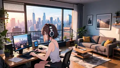 Woman working at chill desk in penthouse timelapse