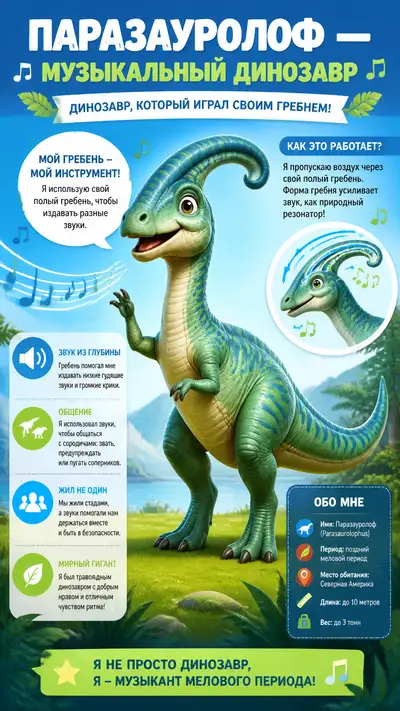 Cute Pixar style parasaurolophus musical dinosaur infographic