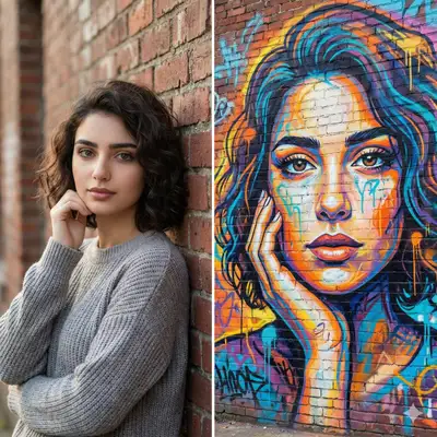 Split-Frame-Porträt-Prompt aus Foto und Street-Art-Gemälde