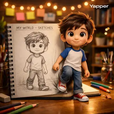 スケッチブックのページから現れる3Dアニメ男の子