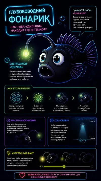 Deep-Sea Anglerfish Glowing Lure Infographic