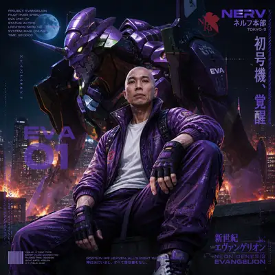 Pilote d'anime avec scène sur un toit façon Evangelion Unit-01