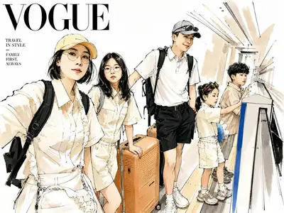 Vogue风格水彩家庭旅行编辑插画