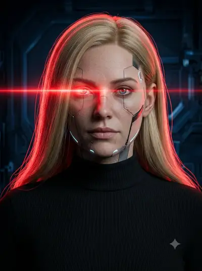 Futuristic Female Android Portrait with Red Laser Eyes
