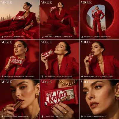 9-panel Vogue editorial storyboard from a reference photo
