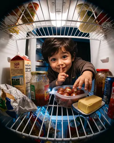 Foto POV desde el refrigerador de alguien robando dulces a escondidas