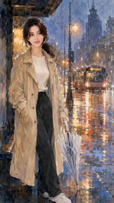 Rainy Evening City Bus Stop Watercolor Illustration