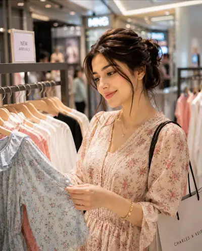 Cinematic Portrait of Woman Shopping in Boutique