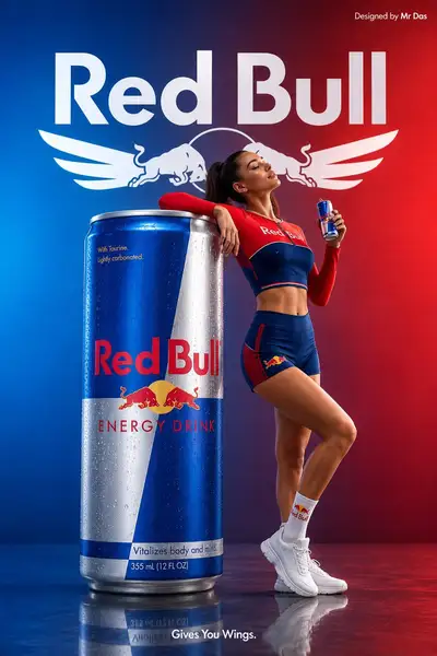 Anúncio comercial minimalista da bebida energética Red Bull com modelo