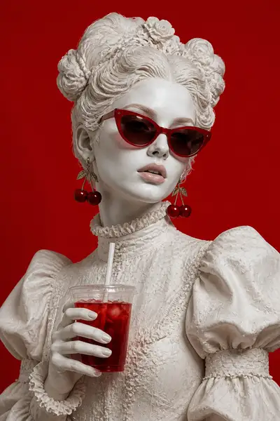 Portrait de Mode de Statue en Marbre avec Accents Rouges Prompt