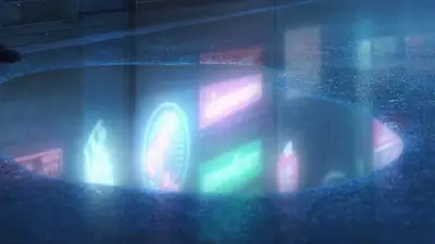 Anime-style neon puddle reflection prompt