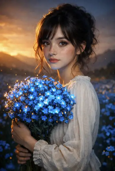 Dreamy Cinematic Portrait with Blue Flowers
