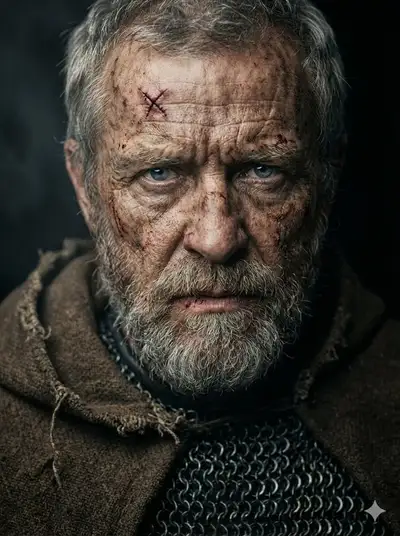 Battle-hardened medieval warrior close-up portrait