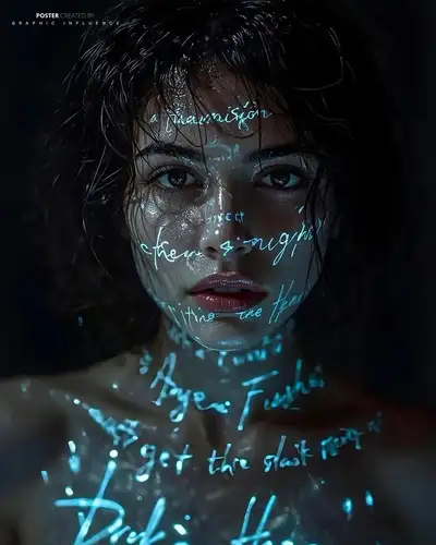 Portrait cyberpunk avec superposition de texte manuscrit lumineux