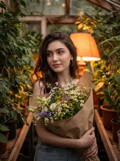 Cozy portrait of a girl holding a flower bouquet among plants