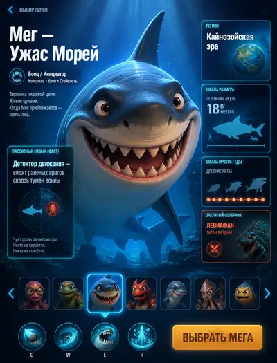 MOBA-Heldenauswahlbildschirm im Pixar-Stil mit einem riesigen Megalodon-Hai