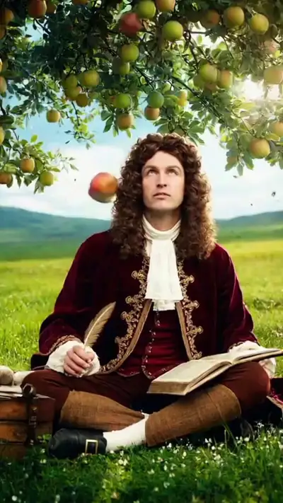 Isaac Newton dodging apple barrage