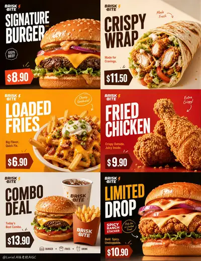 Póster ultra premium de comida rápida en 6 paneles para una marca ficticia