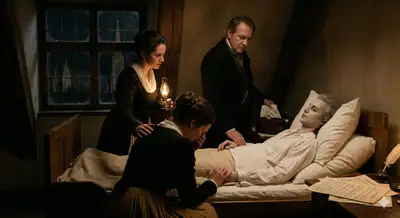 Cinematic Photorealistic Mozart Death Scene