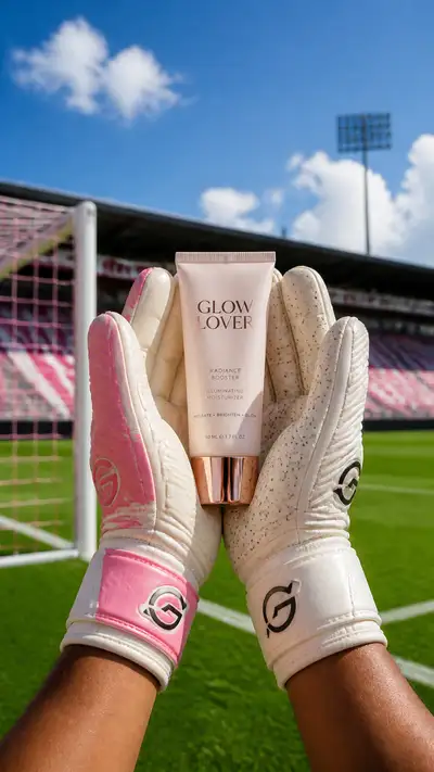 Goalkeeper gloves cosmetic product ad on soccer field prompt