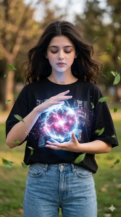 Cinematic magical realism portrait with electric energy