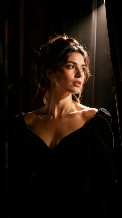 Theatrical backstage spotlight portrait in velvet gown