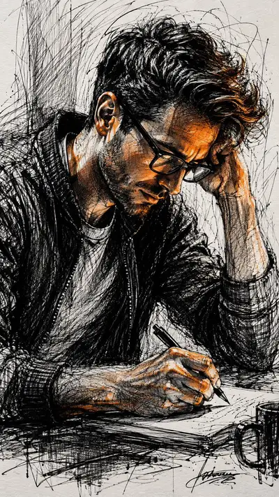 Intimate Pen-and-Ink Sketch of Man Writing