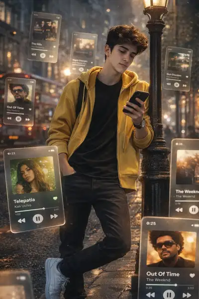 面部精准的街头肖像，周围环绕漂浮的Spotify播放器卡片