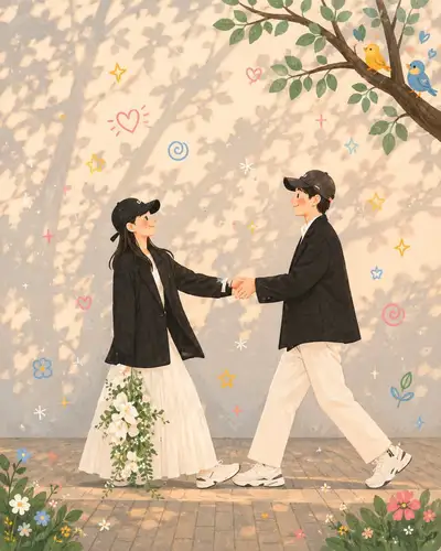 Verspielte koreanische Illustration eines Paares, das sich unter einem Baum an den Händen hält