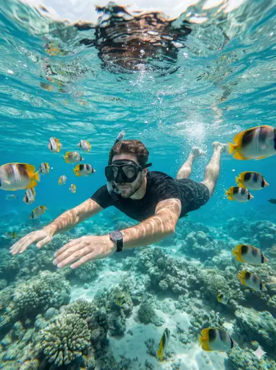 Close-range underwater snorkeling portrait with fish