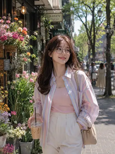 Ultra-Realistic Fashion Photo Walking Flower-Lined Street