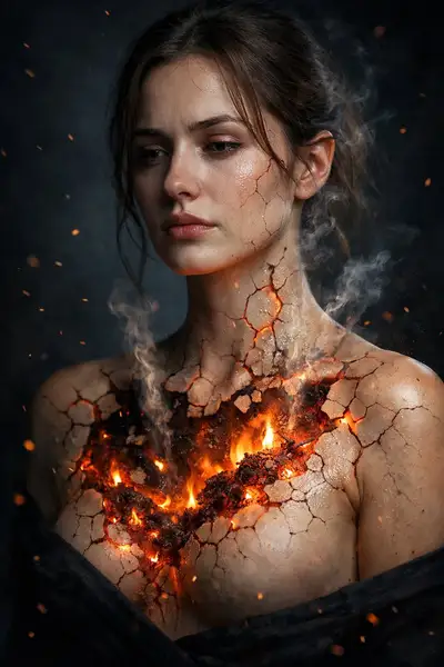 Ultra-realistic surreal conceptual portrait of woman with internal fire