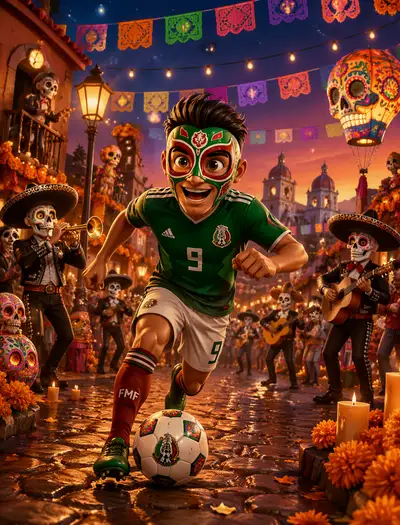 Cartoon Mexican football striker at a street carnival