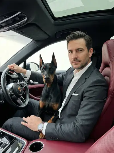 自信男士与杜宾犬同乘豪华跑车
