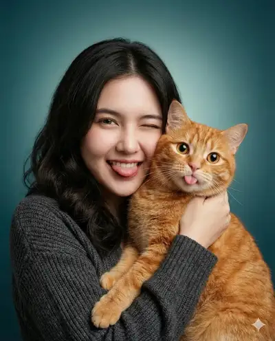 Playful Studio Portrait of Woman and Cat Sticking Tongues Out