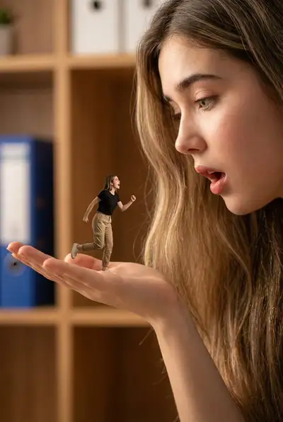 Giant Face and Hand With Miniature Running Person