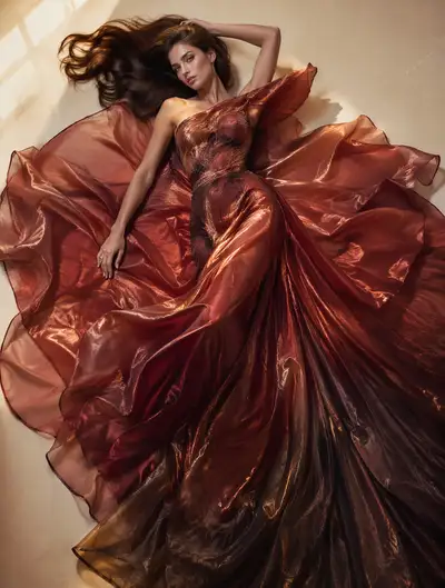 Wine-and-copper couture gown editorial in a minimalist luxury studio