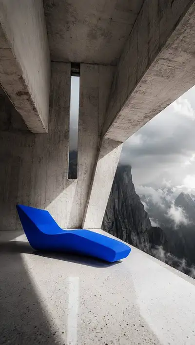Salon en béton brutaliste au bord d'une falaise