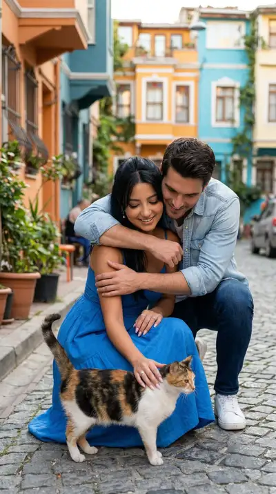 Romantic Istanbul Couple with Street Cat Scene