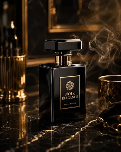 Prompt de foto de produto para frasco de perfume de luxo em vidro preto