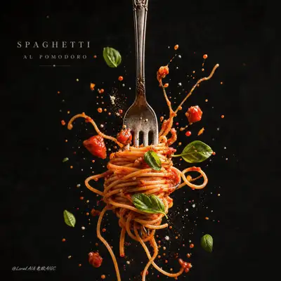 Suspended pasta explosion gourmet poster with a vintage fork