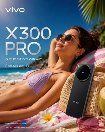 Anúncio de praia tropical de luxo para o smartphone Vivo X300 Pro
