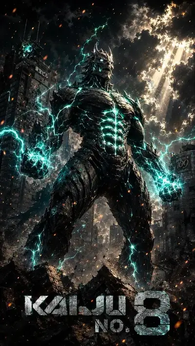 Affiche de combat façon Kaiju No. 8 avec exosquelette fissuré et veines néon