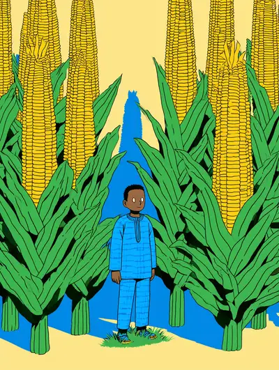 Flat vector illustration of a boy in indigo dashiki among maize