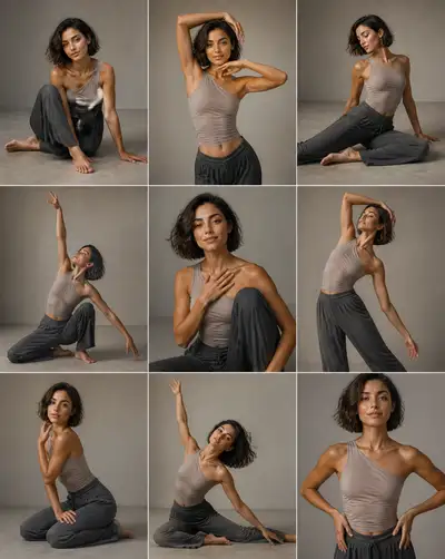 3x3 minimalist dance fashion editorial grid, nine poses
