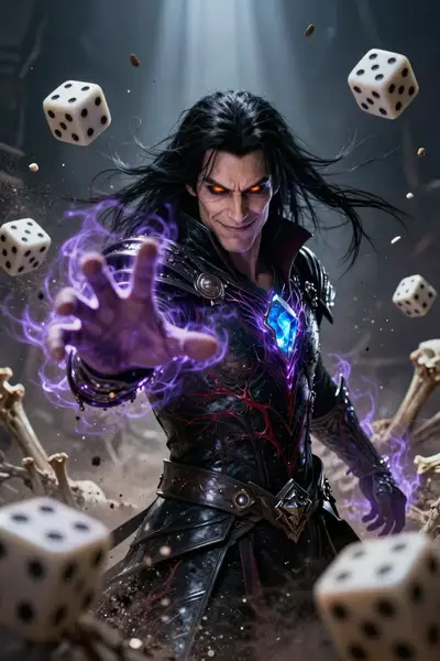 Necromancer bursting through exploding dice movie poster prompt