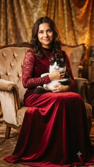 Retrato régio em poltrona com uma mulher e seu gato