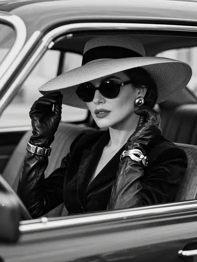 Retrato monocromático vintage em um carro de luxo clássico